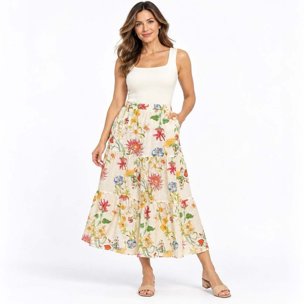 Laura Ashley Floral Tiered Maxi Skirt Size M Linen Rayon Cottagecore Boho Garden